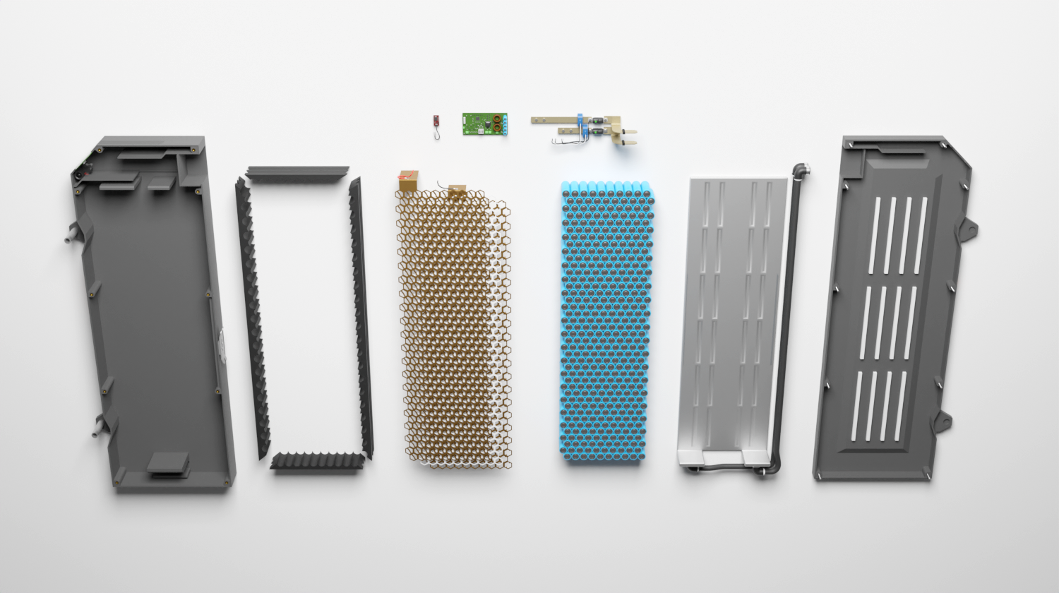 Render of a single Modular Battery System battery pack disassembled